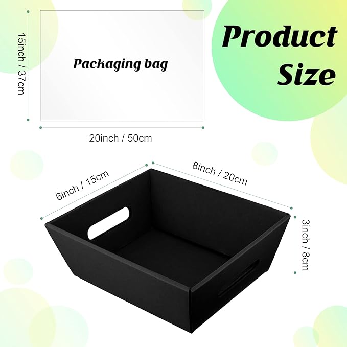 Fainne 74 Pcs Baskets for Gifts Empty Bulk DIY Empty Gift Basket Include 20 Kraft Cardboard Tray with Handles 30 Bags 24 Bows for Christmas Thanksgiving Birthdays Snacks Party, 8" x 6" x 3"(Black)