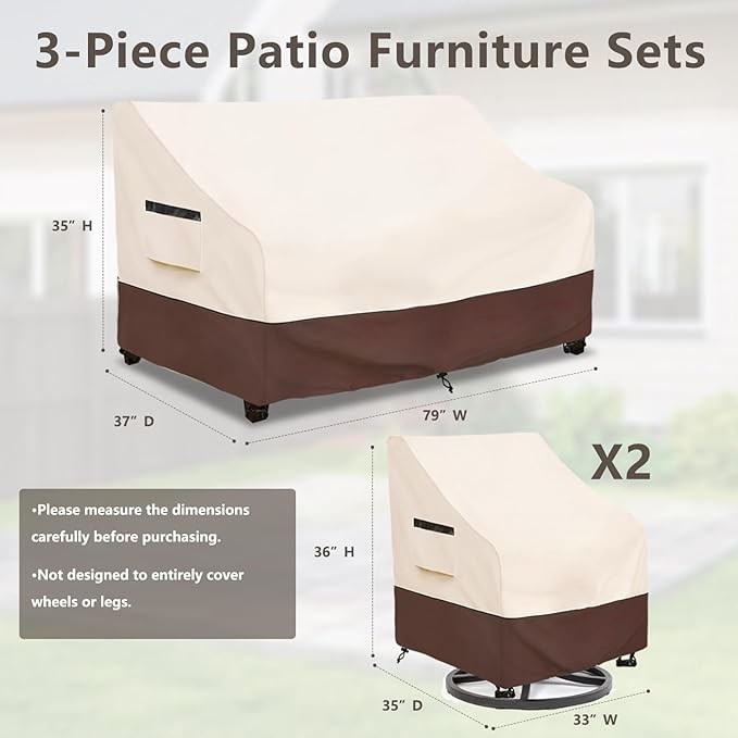 Rileytee 3 Piece Heavy Duty Waterproof Patio Furniture Covers,Outdoor Furniture Covers for Patio Furniture,Includes 2 Patio Chair Covers 33in and 1 Patio loveseat Cover 79in,Beige