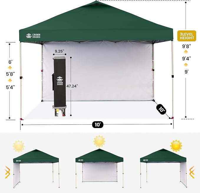 CROWN SHADES 10x10 Pop Up Canopy with 1 Side Wall - Beach Tent with One Push Setup - Outdoor Sun Shade for Events, Parties, Camping - Gazebo with STO-N-Go Cover Bag (Forest Green)