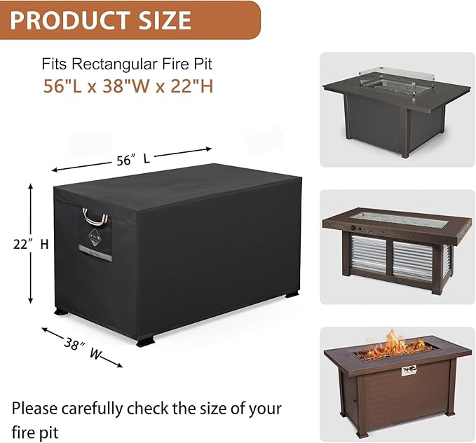 Fire Pit Cover Rectangle Super Waterproof 56" L x 38" W x 22" H, UPF 50+ Outdoor Fire Pit Table Cover 600D Strong Tear Resistant and Fading Resistant for Rectangular Fire Pit - Black