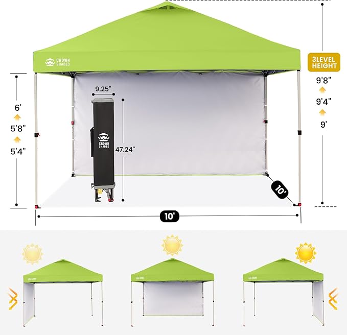 CROWN SHADES 10x10 Pop Up Canopy with 1 Side Wall - Beach Tent with One Push Setup - Outdoor Sun Shade for Events, Parties, Camping - Gazebo with STO-N-Go Cover Bag (Green)