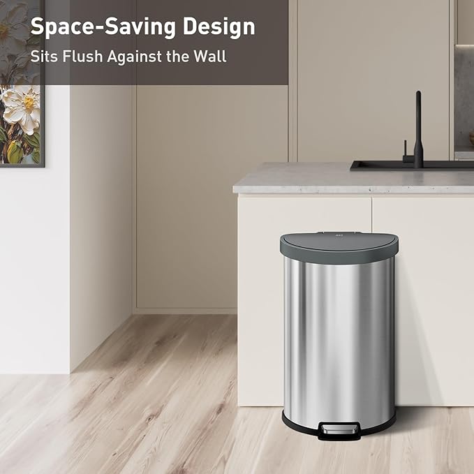 EKO Aria Brushed Stainless Steel Step Kitchen Trash Can Semi-Round 45L