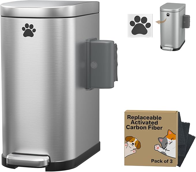 Dog Poop Trash Can Outside with Odor Control Lid & Step Pedal, 3.2Gal Stainless Steel Outdoor Trash Can, Waterproof Dog Waste Container Station - Includes Carbon Filters & Paw Stickers