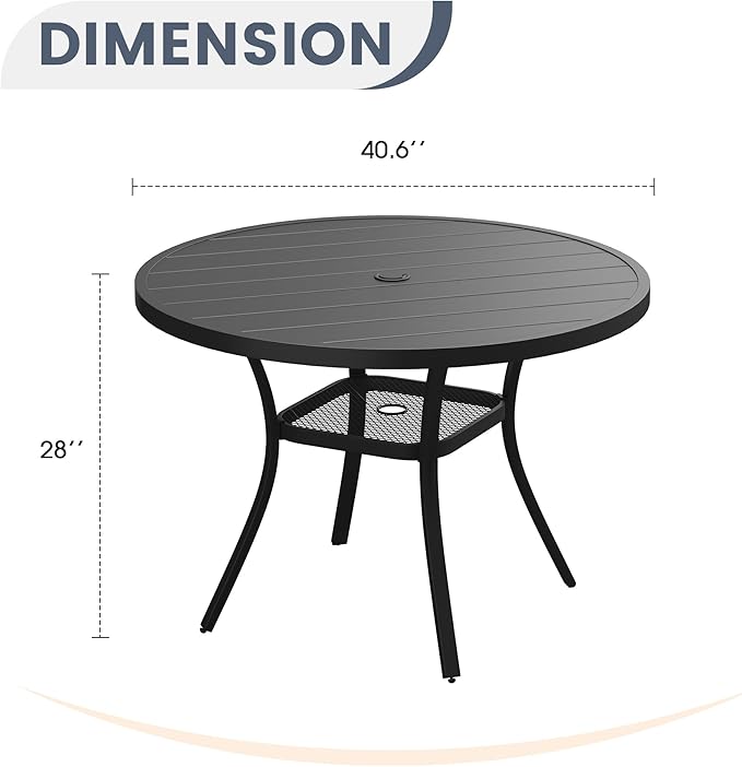 VICLLAX 41 Inches Round Patio Dining Table with Umbrella Hole, Metal Outdoor Dining Table for Garden, Patio, Porch, Black