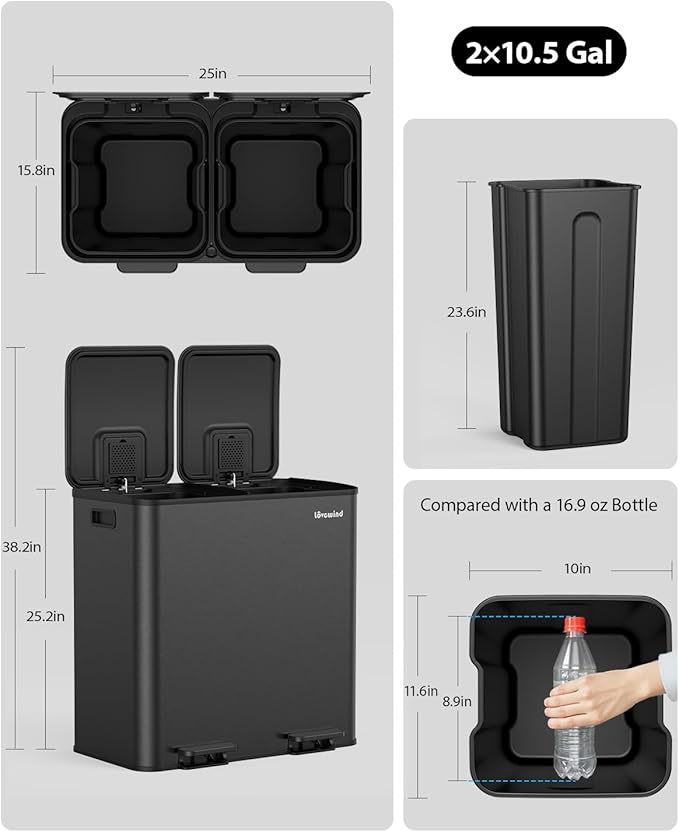 Lovewind Trash Can, 2 x 10.5 Gallon (2 x 40 L) Garbage Can for Kitchen Dual Compartment Recycling Kitchen Step Trash Bin, Stainless Steel Trash and Recycle Bin Combo with Soft-Close Lid, Black