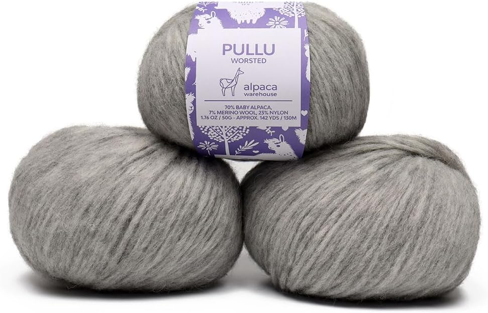 Pullu - Baby Alpaca Merino Wool Yarn Set of 3 Skeins (150 Grams) Worsted Weight - Sourced Directly from Peru - Heavenly Soft and Perfect for Knitting and Crocheting (Heather Silver Gray)