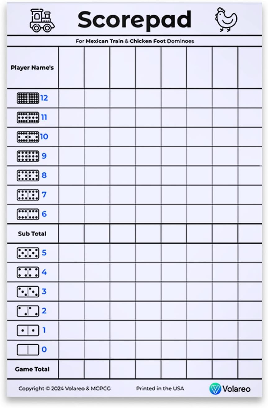 Mexican Train and Chicken Foot Dominoes Score Pad - 100 Scoring Sheets per Scorepad, 8.5 x 5.5 Inches - Score Sheets for Double 12 Domino Sets, White, VO-320