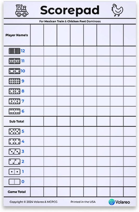 Mexican Train and Chicken Foot Dominoes Score Pad - 100 Scoring Sheets per Scorepad, 8.5 x 5.5 Inches - Score Sheets for Double 12 Domino Sets, White, VO-320