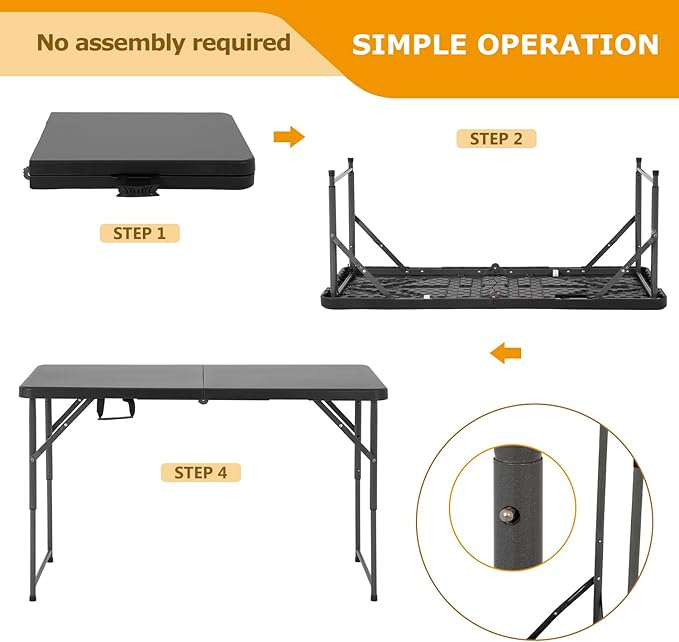 FDW 4FT Folding Table Half Portable Foldable Table Picnic Table for Office Home Camping Party (Black, 4 FT)