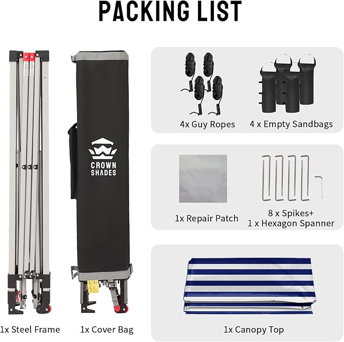 CROWN SHADES 10x10 Pop Up Canopy - Beach Tent with One Push Setup - Outdoor Sun Shade for Events, Parties, Camping - STO-N-Go Cover Bag, Silver Coated Top, 3 Height& 4 Sand Bags, Navy Blue Stripes