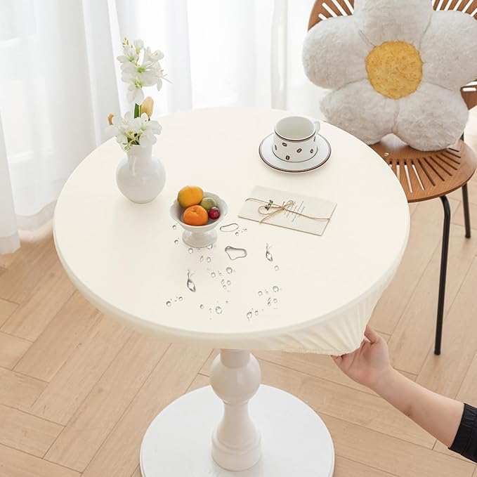 Round Fitted PU Tablecloth with High Elastic Edge 47 Inch Dia Waterproof Oil Proof Table Cloth Anti-Scald Stain-Resistant Wipeable Table Cover for Indoor Outdoor Picnic (Cream,47" Dia)