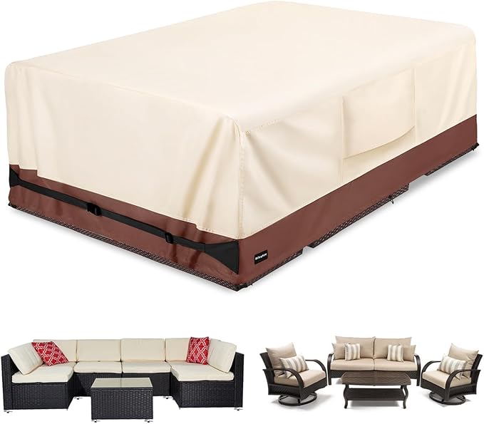 Rectangular Patio Furniture Covers,Upgraded 600D Heavy Duty Outdoor Furniture Covers Waterproof,Outdoor Sectional Dining Table and Chairs General Purpose Furniture Set Cover,126"L × 74"W × 28"H,Beige