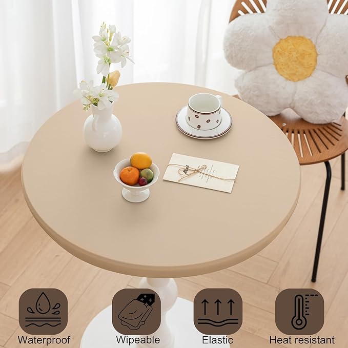 Round Fitted PU Tablecloth with High Elastic Edge 43 Inch Dia Waterproof Oil Proof Table Cloth Anti-Scald Stain-Resistant Wipeable Table Cover for Indoor Outdoor Picnic (Beige,43" Dia)