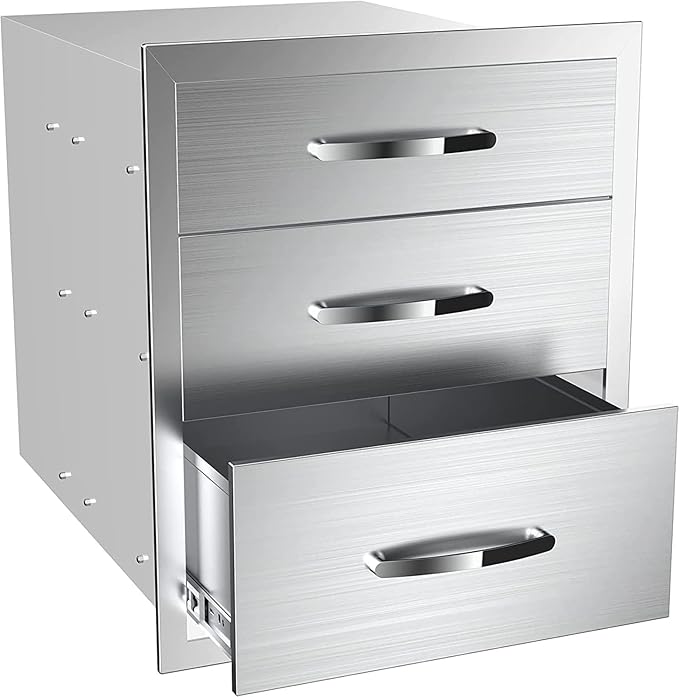 Outdoor Kitchen Drawers, Box Frame Style Flush Mount BBQ Drawer w/Stainless Steel Handle, BBQ Island Drawers For Patio Grill Station,Three Drawers
