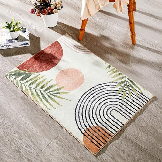 RoomTalks Boho Cute Bathroom Rugs Bath Mat Non Slip Washable, Modern Abstract Geometric Shape with Tropical Leaves 2x3 Small Area Rug for Bedroom Kitchen, Neutral Contemporary Retro Indoor Entry Rug