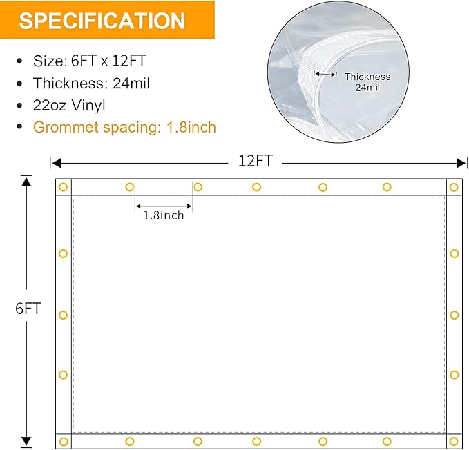 6 x 12FT Outdoor Clear Tarp Curtain Waterproof Wind-Proof 24 Mil Transparent Vinyl Tarp for Patio Pergola Garden Canopy Rainproof Anti-Tear PVC Thick Cover with Grommets