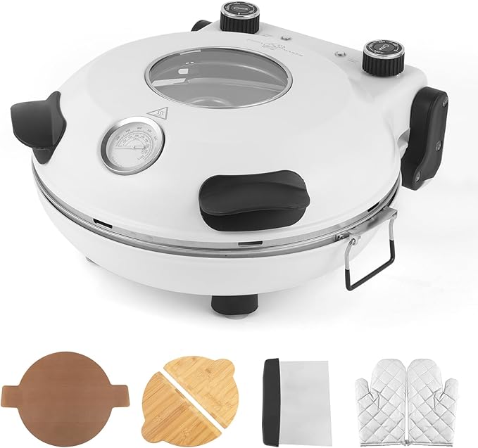 KLAIF 12" Electric Countertop Pizza Oven Indoor With Ceramic Stone, Dual Adjustable Temperature Controls, Includes 4 Pizza Tools, LMR-White
