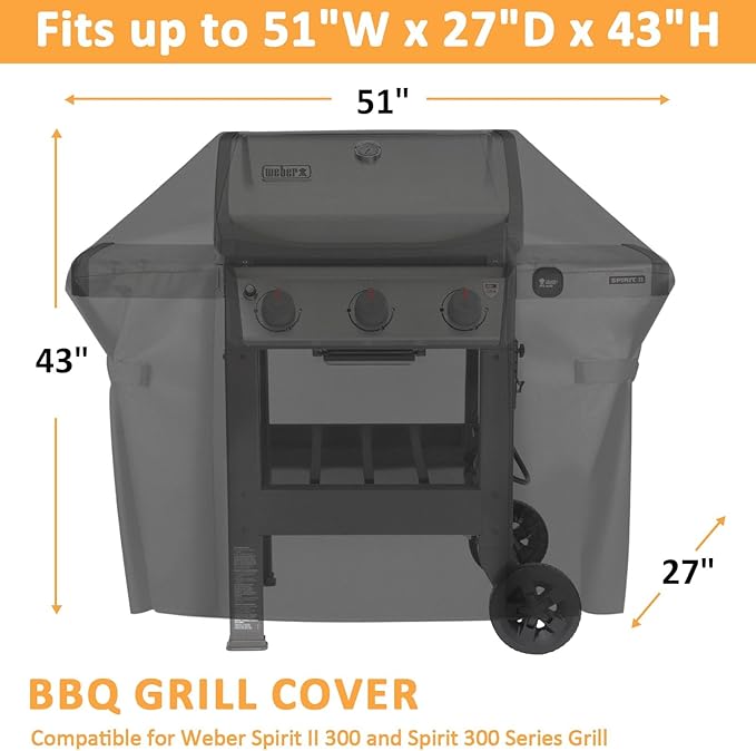 Grill Cover for Weber Spirit II 300 and Spirit 300 Series, Waterproof Cover for 7139 Weber Spirit I & II E310, E330 and E315 Grills Cover, 51 Inch BBQ Outdoor Cover for Spirit 2 Grill