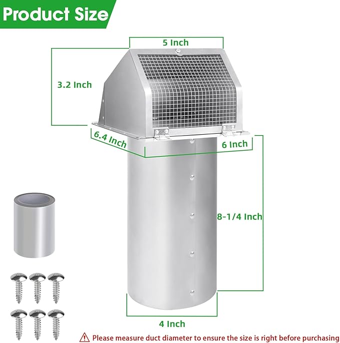 4 Inch Dryer Vent Cover Outside Hooded Wall Vent with Screen and Damper,4" Exterior Wall Vent Dryer Air Vent,Exhaust Wall Mount Cover Cap for Dryer Ventilation&Outdoor Air Exhaust, Stainless Steel