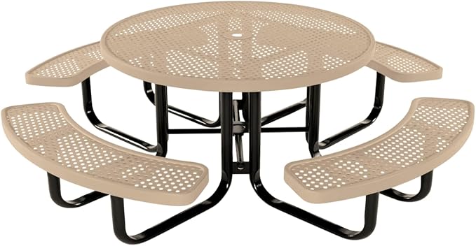 COATEDOUTDOORFURNITURE Heavy-Duty Portable Outdoor Kids Table with Umbrella Hole, Punched Steel Kids Picnic Table, Commercial-Grade, Made in America (46 in, Round, Childrens, Tan)