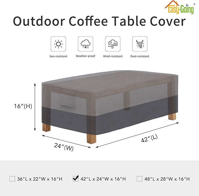 Easy-Going Patio Coffee Table Cover Small Outdoor Rectangular Table Cover, UV Resistant Waterproof Patio Furniture Ottoman Cover (42" Lx24 Wx16 H, Gray/Dark Gray)