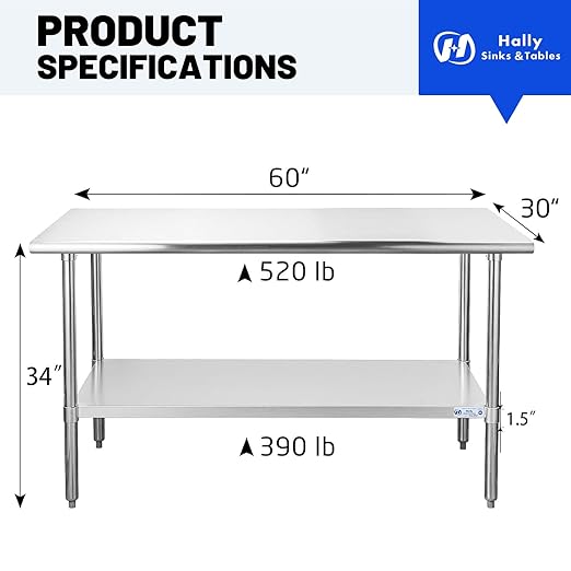 Hally Stainless Steel Table for Prep & Work 30 x 60 Inches, NSF Commercial Heavy Duty Table with Undershelf and Galvanized Legs for Restaurant, Home and Hotel