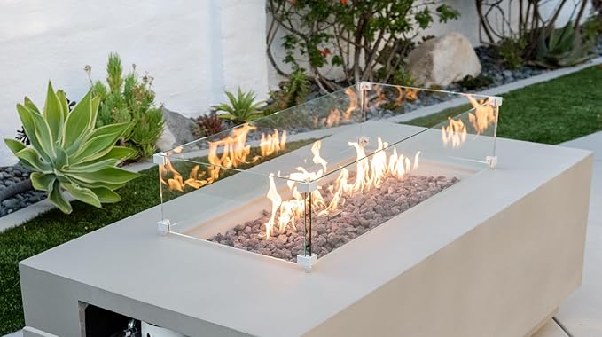 AMS Fireplace | Rectangular Fire Pit Glass Wind Guard for Sedona Fire Pit Table (Light Gray) | Protects Your Fire Table from Patio Heater Flames | Tempered Glass with Polished Edges for Safety