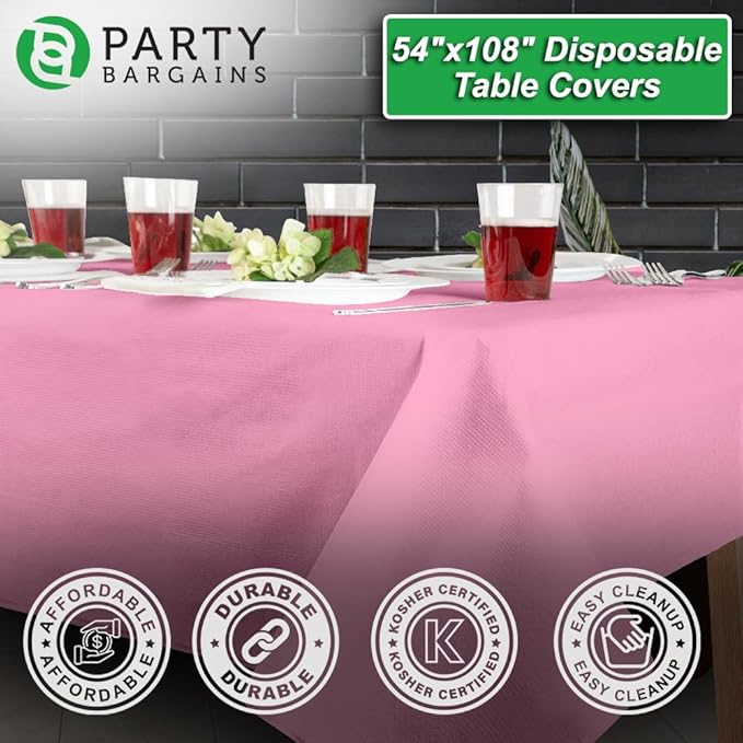 PARTY BARGAINS 1 Disposable Table Covers - 54" X 108" Pink Table Cover, 3 Ply Paper & Plastic Tablecloth
