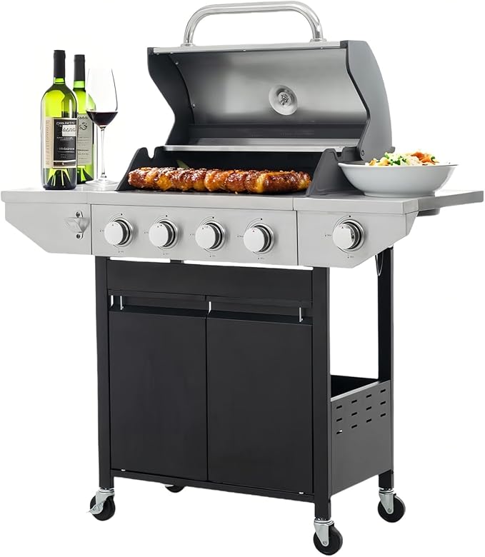 Endark 4-Burner Propane BBQ Grill 46,500 BTU with Side Burner, Stainless Steel Gas Grill, Enameled Cast Iron Grates & Foldable Side Tables for Outdoor Backyard, Patio Cooking