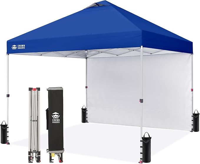 CROWN SHADES 10x10 Pop Up Canopy with 1 Side Wall - Beach Tent with One Push Setup - Outdoor Sun Shade for Events, Parties, Camping - Gazebo with STO-N-Go Cover Bag (Navy Blue)
