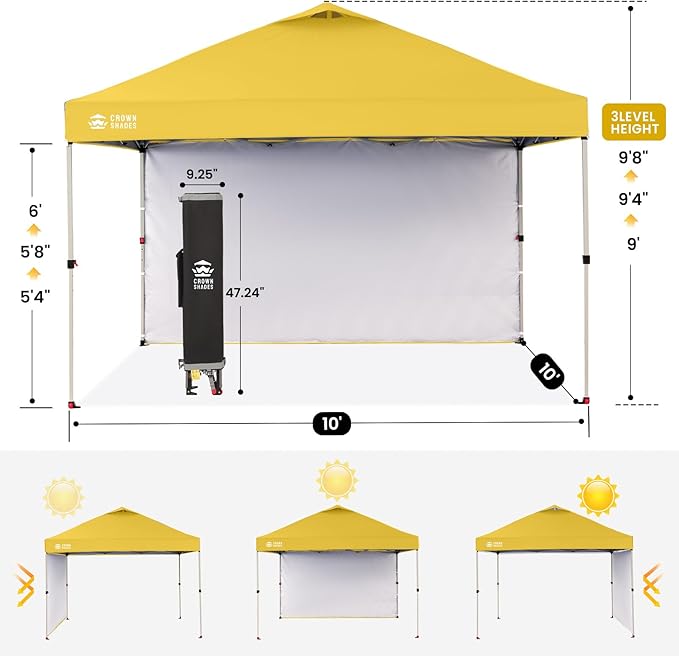 CROWN SHADES 10x10 Pop Up Canopy with 1 Side Wall - Beach Tent with One Push Setup - Outdoor Sun Shade for Events, Parties, Camping - Gazebo with STO-N-Go Cover Bag (Yellow)