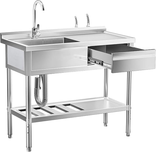 39" 304 Stainless Steel Utility Sink with Faucet – Free Standing Single Bowl Kitchen Sink with Workbench & Drawer Storage, Hot/Cold Water Pipes for Laundry, Farmhouse & Outdoor Use