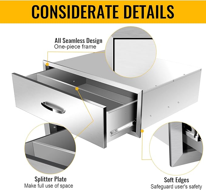 Outdoor Kitchen Drawers, Box Frame Style Flush Mount BBQ Drawer w/Stainless Steel Handle, BBQ Island Drawers For Patio Grill Station,Single Drawer