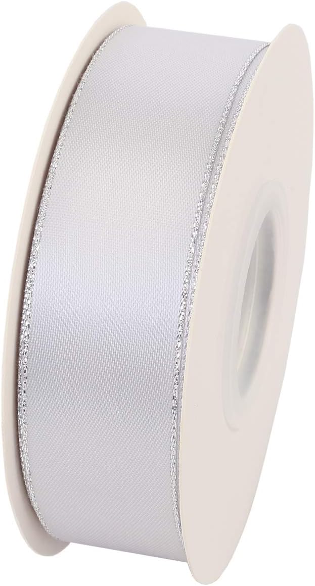 ITIsparkle 1" Inch Double Faced Satin Ribbon 25 Yards with Silver Edges, 1" X 25Yd - Shell Grey