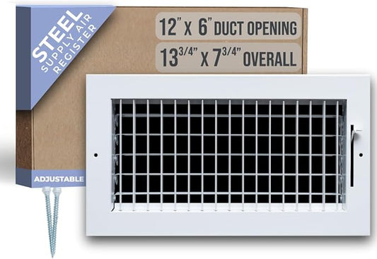 Fits 12x6 Duct Opening Steel Adjustable Air Supply Grille by Handua | Register Vent Cover Grill for Sidewall and Ceiling | White | Outer Dimensions: 13.75" X 7.75"