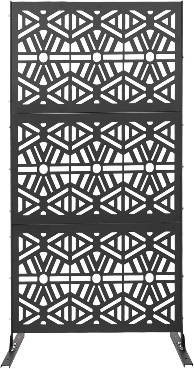 75" H×35" W Decorative Outdoor Privacy Screen with Stand, Outdoor Decor Privacy Fence Screen Metal Fence Panels, Free Standing Metal Divider for Patio Lawn Deck (Black-Rhombus)