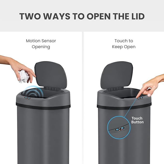 iTouchless 13 Gallon Automatic Sensor Trash Can with Lid, AbsorbX Odor Control System, Gunmetal Gray Stainless Steel Kitchen Garbage Bin, Fingerprint-Proof, Hands-Free Operation, Oval