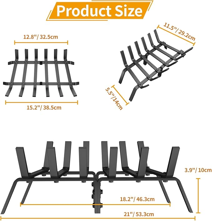 Fireplace Grate, 21 inch Solid Fireplace Log Holder, Heavy Duty Cast Iron Firewood Log Burning Rack Fire Grates for Inside Fireplace Accessories
