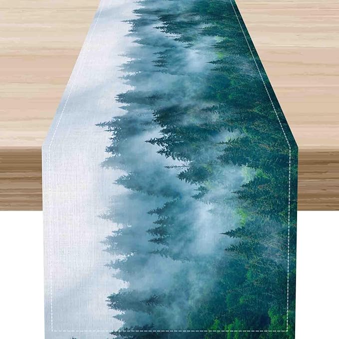 Forest Table Runner, Rustic Farmhouse Misty Pine Tree Woodland Mountain Country Coffee Table Center Decor for Home Kitchen Dining Patio Holiday Party Indoor Outdoor Table Decorations, 13"x108" Inch