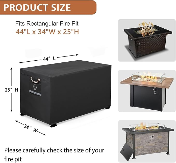Fire Pit Cover Rectangle Super Waterproof 44" L x 34" W x 25" H, UPF 50+ Outdoor Fire Pit Table Cover 600D Strong Tear Resistant and Fading Resistant for Rectangular Fire Pit - Black