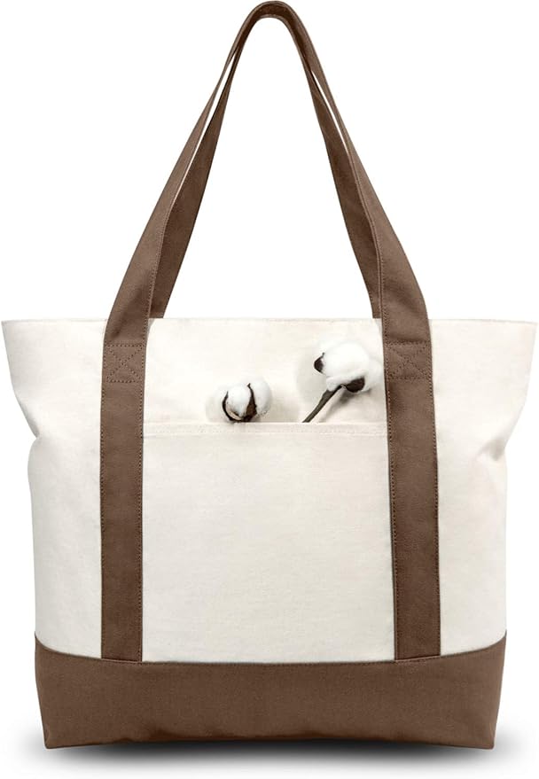 TOPDesign 6-Pack Canvas Tote Bags with an External Pocket, Reusable Grocery Shopping Bags, Top Zipper Closure, Daily Essentials (Brown/Natural)