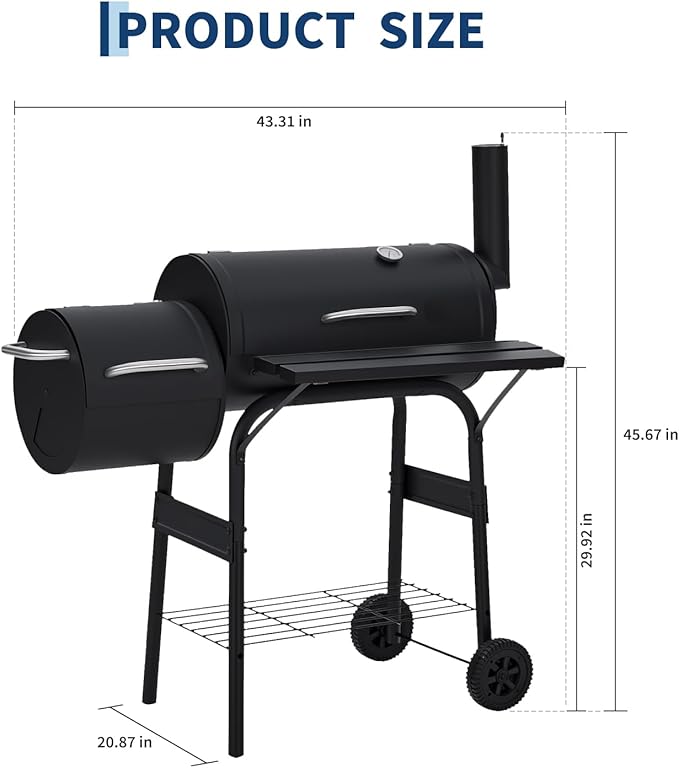 Garvee Charcoal Grills with Offset Smoker, Outdoor BBQ Grill with Handle and Wheels, Barrel Barbecure Smoker Grill Combo for Camping Picnic Patio Backyard Party