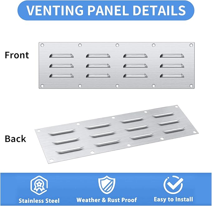 2 Pack Stainless Steel Venting Panel for BBQ Grill Accessory, 15x4.5 Inch (12-Slots), 304 Grade Metal Vent Cover for Masonry Fire Pits & Outdoor Kitchens, Weather Resistant, 15" by 4-1/2"