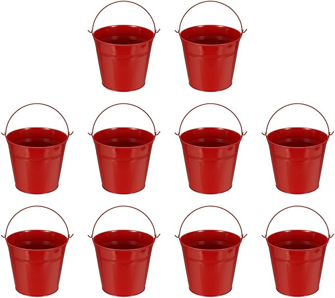 Small Metal Buckets, Mini Buckets with Handle Galvanized Colored Tin Pail Containers Basket Party Supplies - Fit for (Halloween - Classroom Crafts) 6" & 10Pcs & Red