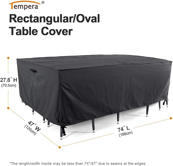 Tempera Patio Furniture Covers, Outdoor Table Cover Waterproof Rectangle, Heavy Duty Deck Furniture Cover for Winter, (Space Grey, 74"L x 47"W x 27.8"H)