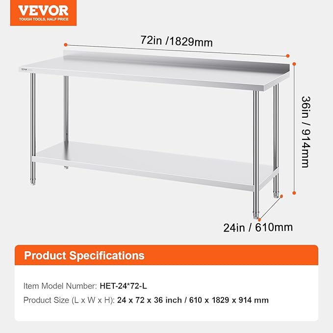 VEVOR 24 x 72 x 36 Inch Stainless Steel Work Table, Commercial Food Prep Worktable Heavy Duty Prep Worktable, Metal Work Table with Adjustable Height for Restaurant, Home and Hotel