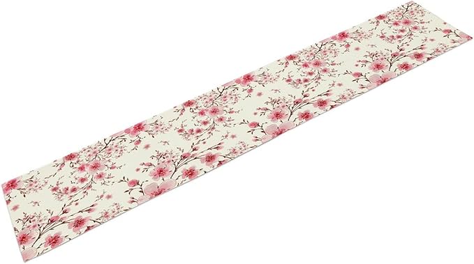 Cherry Flower Table Runner, Seasonal Spring Cherry Blossoms Branches Watercolor Floral Print Table Cover for Kitchen Dining Table Indoor Outdoor Party Decor, 13x36inch