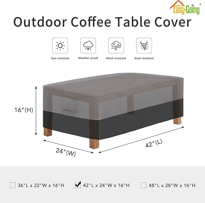Easy-Going Patio Coffee Table Cover Small Outdoor Rectangular Table Cover, UV Resistant Waterproof Patio Furniture Ottoman Cover (42" Lx24 Wx16 H, Gray/Black)