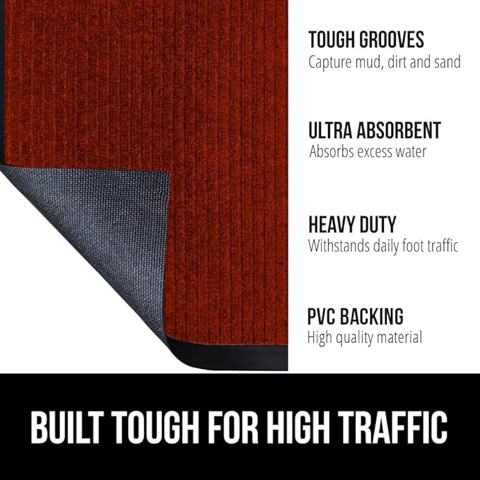 GORILLA GRIP Waterproof Traffic Guard Door Mat, Heavy Duty Entryway Mats, Strong Rubber Back Commercial Utility Rugs for Office Hallway, Garage Floor and Home, Low Profile Carpet Runner, 29x17, Red