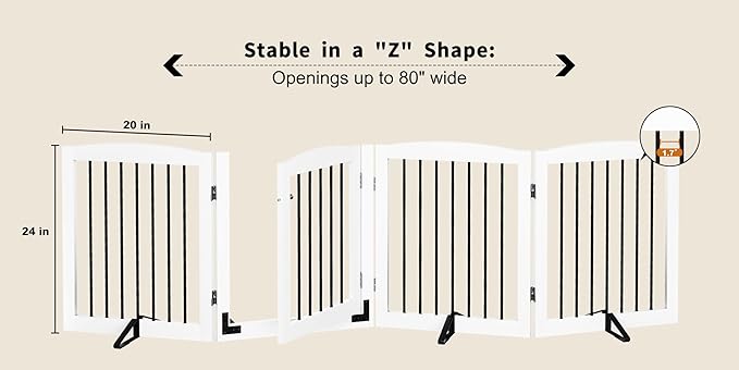 Freestanding Dog Gates with Door Walk Through, 80 inch Wide Gates Indoor, Dog Fences Indoor, Support Feet Included, 4 Panels, 32" Tall, White & Black